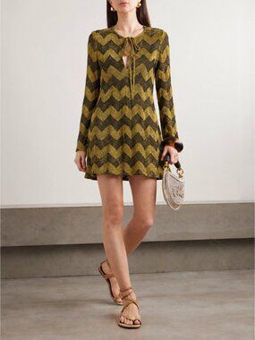 Missoni Gold & Black Metallic Chevron Knit Mini Dress | Lurex Zigzag Tie-Neck